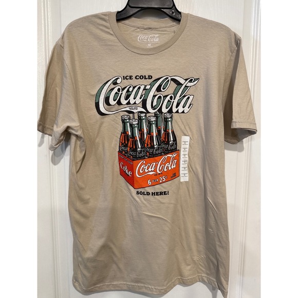 Coca Cola Mens T Shirt Ice Cold Graphic Print Tan Crewneck Size Medium - Picture 1 of 4